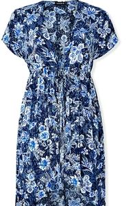 Navy Floral Crinkled Gauze Hi-Lo Kaftan
